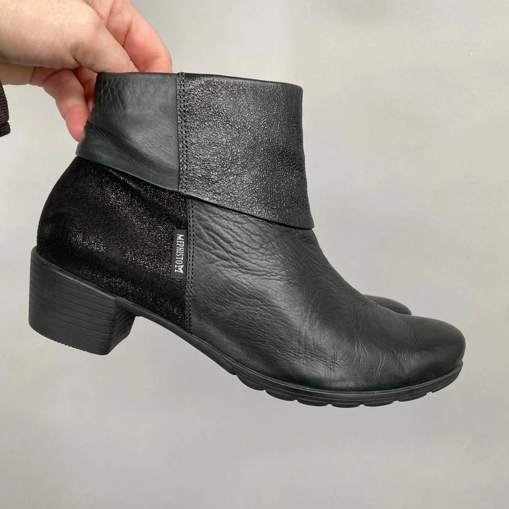 Mephisto Iris‎ Black Leather Glitter Ankle Boots Women Size 7.5 Air Jet Booties